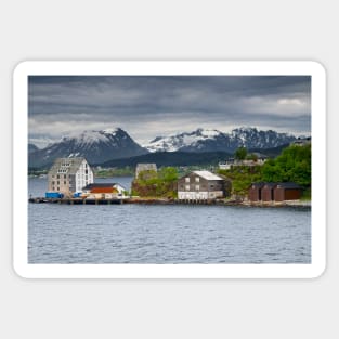 Wooden Buildings and Mountains in Alesund Norway Sticker